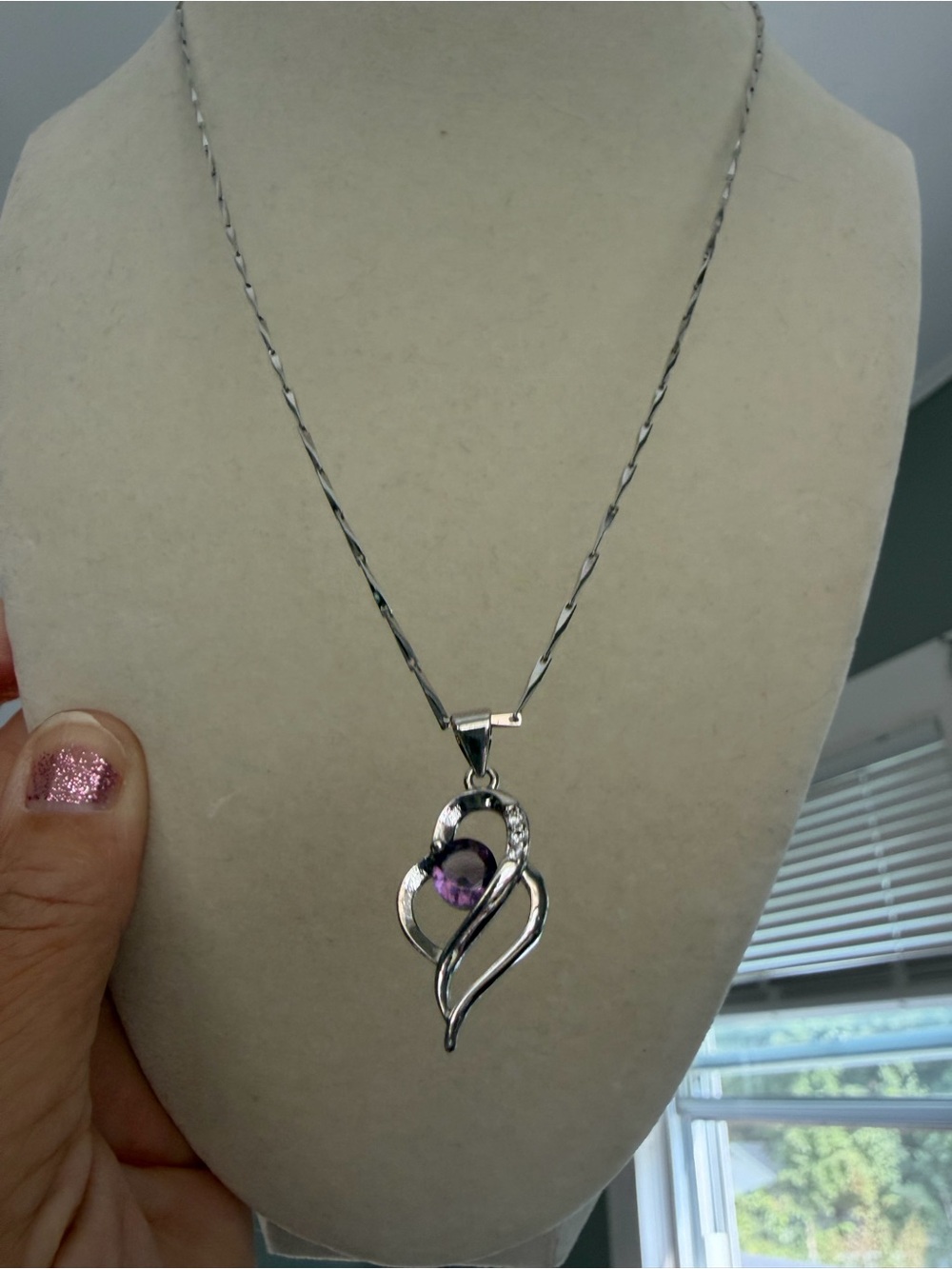 Sterling Silver Heart Pendant Necklace with Purple Gem